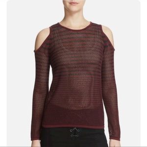 Women's Burgundy Mesh Cold Shoulder Top